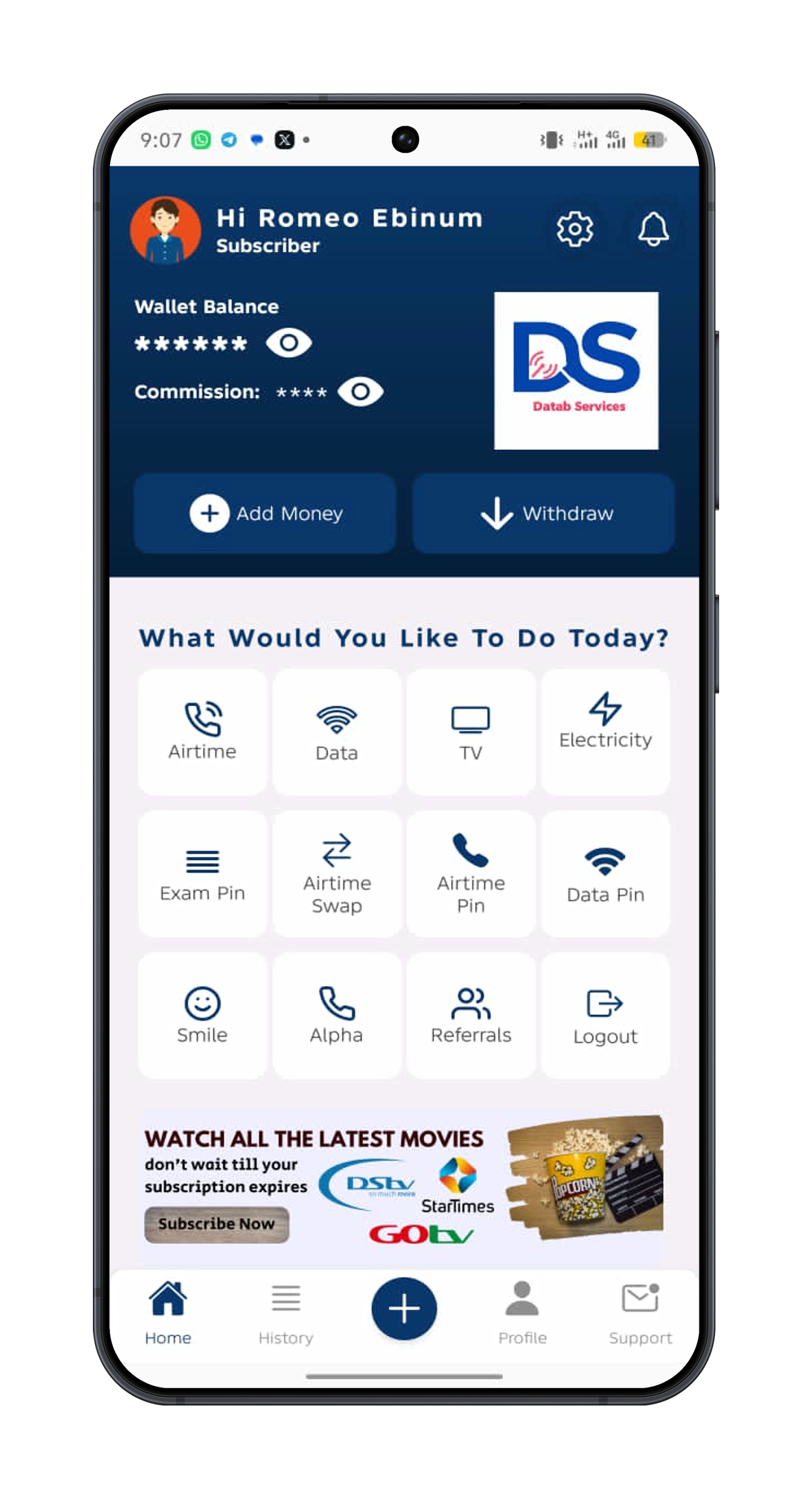 Greatenterprise mobile app interface showing dashboard and services